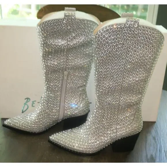 NEW Betsey Johnson  Randy Silver Rhinestone Cowboy Boots Women's 7.5 - Picture 3 of 9